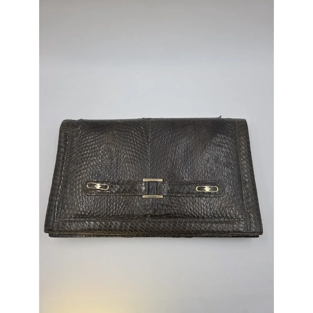 VTG Genuine Snakeskin Clutch Purse 11x6.5 Dark Brown Suede Lined Evening Bag MCM